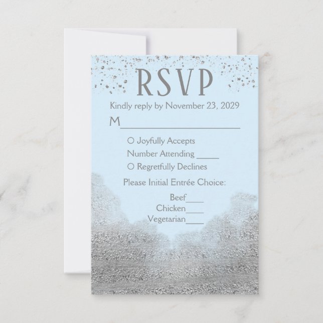 Confetti Argent Bleu RSVP Réponse Mariage Repas (Devant)