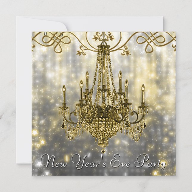 Confetti Black Gold Chandelier Silvester Einladung (Vorderseite)