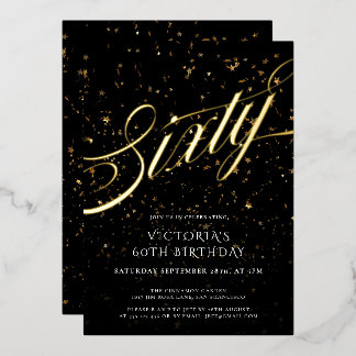 Confetti Black Gold Elegant 60. Geburtstag Folieneinladung