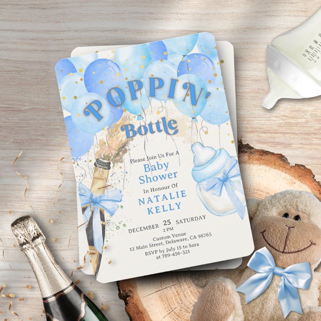 Confetti Blue Balloon Poppin'Flaschen Babydusche Einladung (Confetti Blue Balloon Poppin' Bottles Baby Shower Invitation )