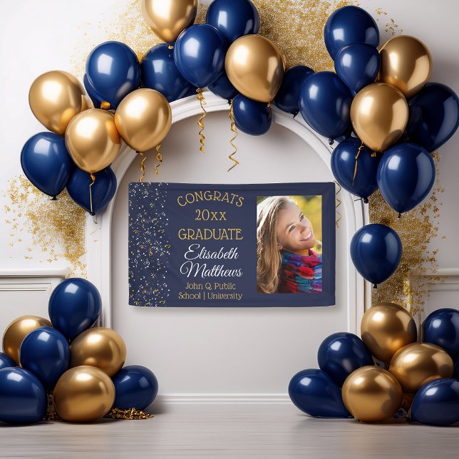 Confetti Blue Foto Glückwunschs Graduate Name Scho Banner (Elegant Classy White and Gold Confetti Blue "Congrats Graduate" Graduation Photo Party Banner)