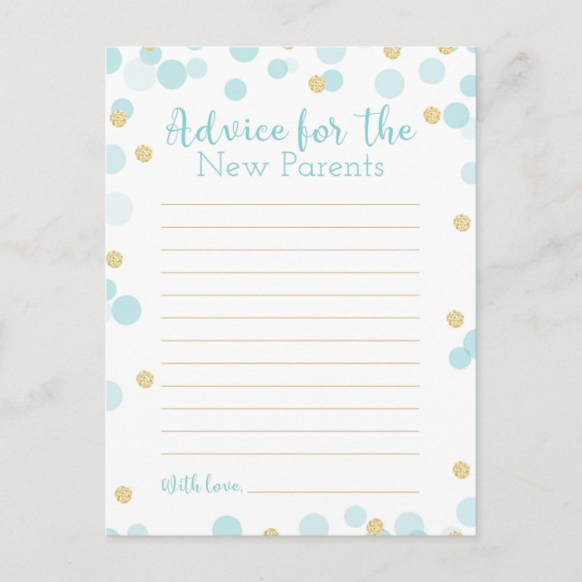 Confetti Blue und Gold Baby Dusche Worte des Ratsc Postkarte (Vorderseite)