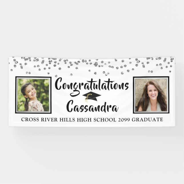 Confetti Brush Script Then & Now Fotos Abschluss Banner (Horizontal)