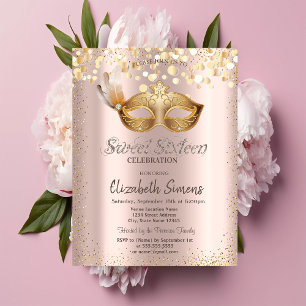 Confetti Chic Masque Rose Gold Sweet 16 Einladung