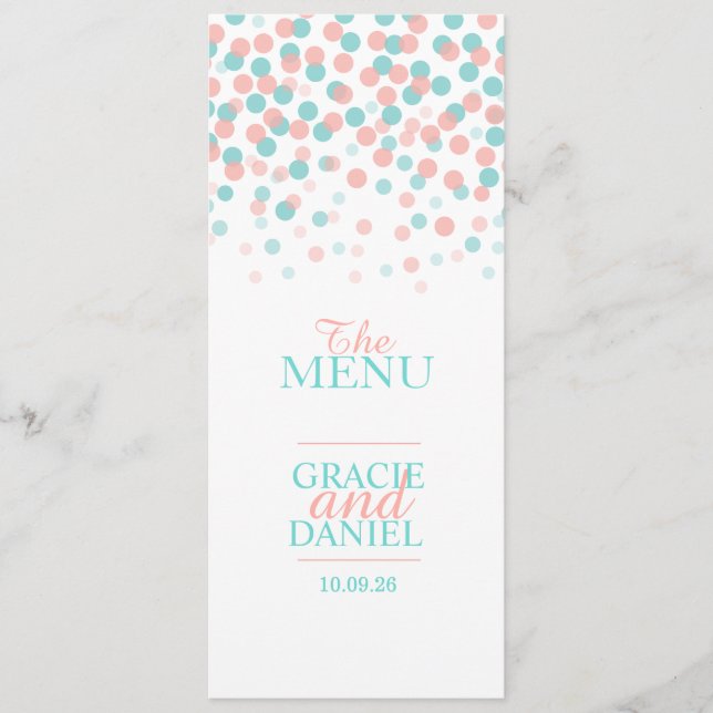 Confetti coral orange turquoise vert mariage menu (Devant)