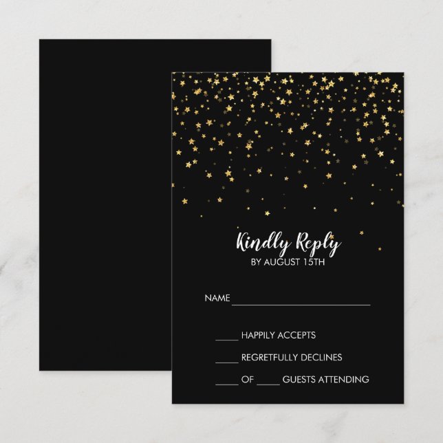 Confetti d'or | Carte RSVP de mariage simple noir (Devant / Derrière)