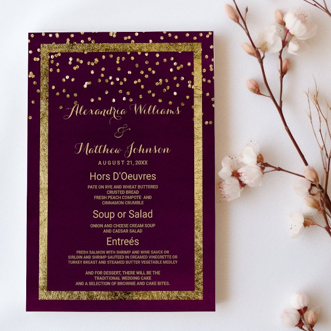 Confetti d'or chic et moderne de Bourgogne Menu Ma (Modern chic burgundy gold confetti Wedding Menu)