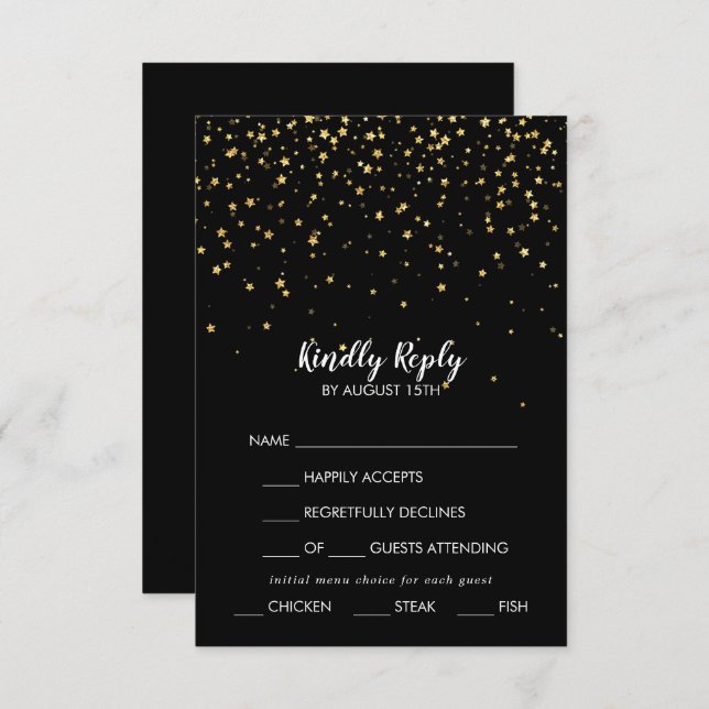 Confetti d'or | Menu noir Choix mariage RSVP (Devant / Derrière)