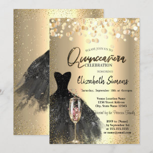 Confetti Dots, Black Dress Wine Glass Quinceañera Einladung