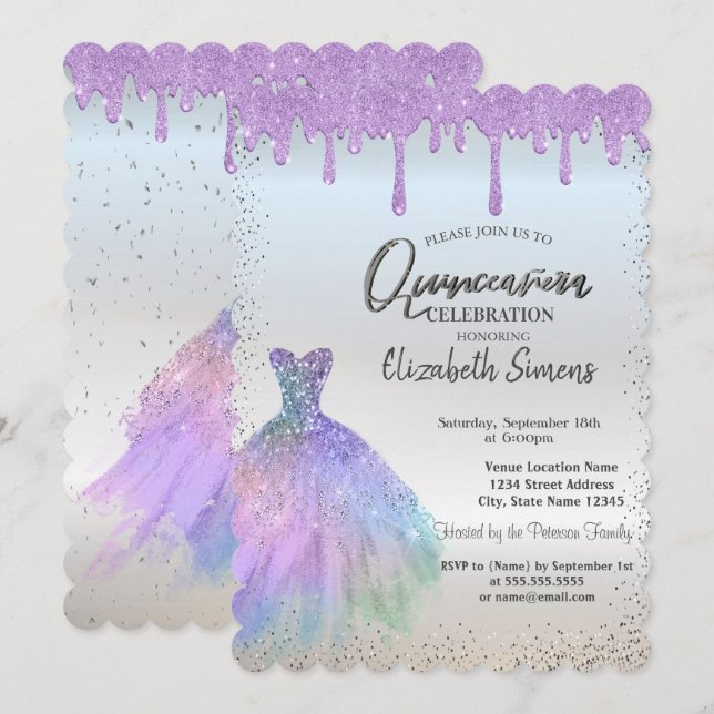 Confetti Dots, Blue Dress Violet Tropfen Quinceañe Einladung (Vorne/Hinten)