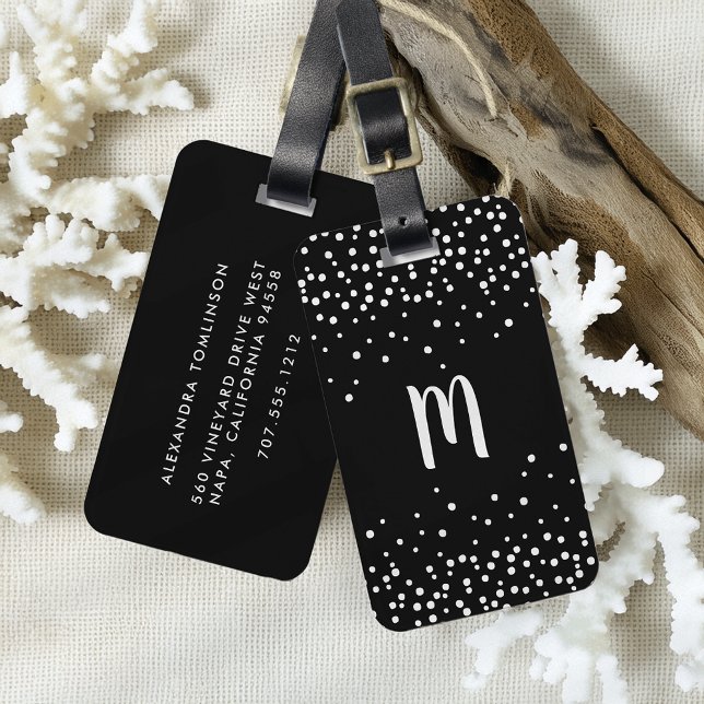 Confetti Dots Monogram Gepäcktag | Schwarz und Wei Gepäckanhänger (Von Creator hochgeladen)