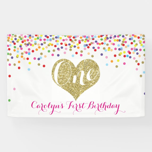 Confetti First Birthday Banner Gold Glitzer Herzst (Horizontal)