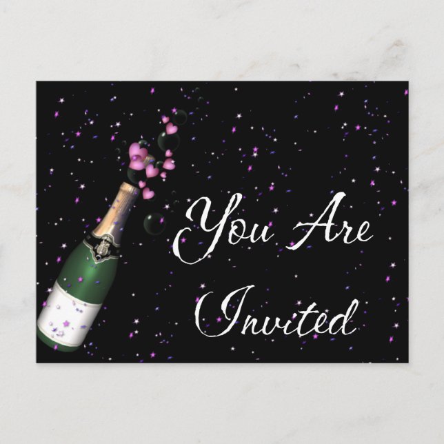 Confetti, Flasche Champagner Einladung Postkarte (Vorderseite)