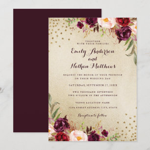 Confetti Floral Gold Burgund Einladung zur Hochzei