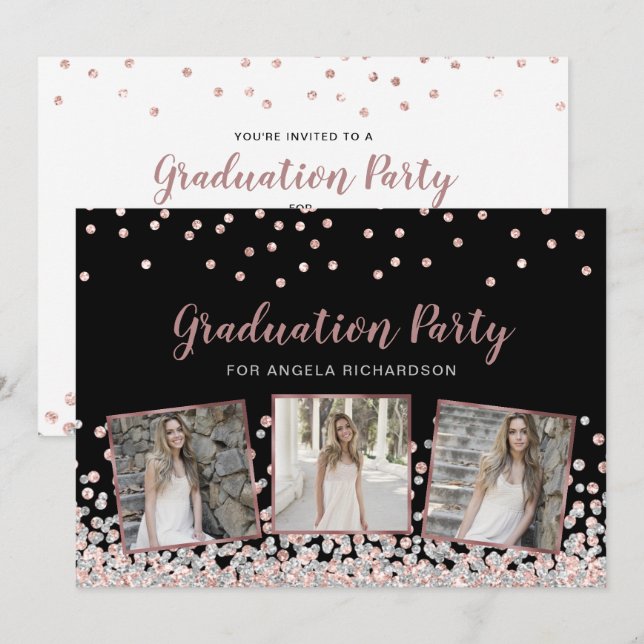 Confetti Foto Collage Rose Gold Graduation Party Einladung (Vorne/Hinten)