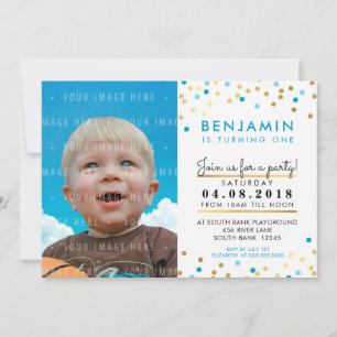 CONFETTI Geburtstagsparty INVITE Blue Gold Spots J Einladung