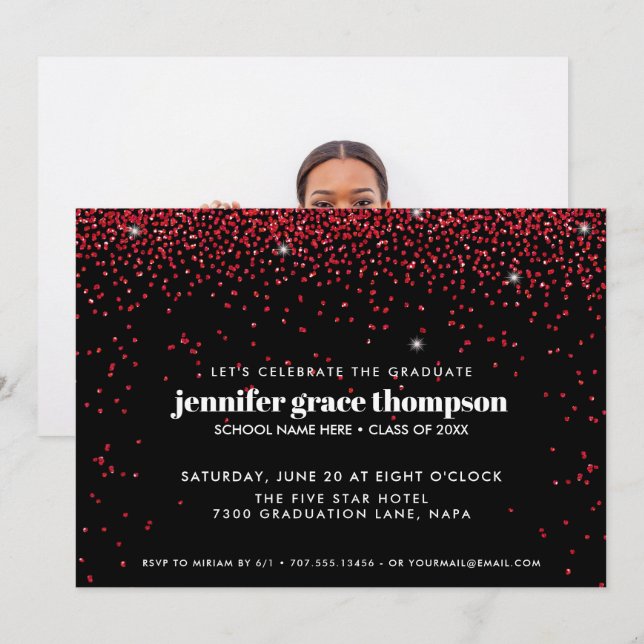 Confetti Glitzer Red Black Foto Graduation Party Einladung (Vorne/Hinten)