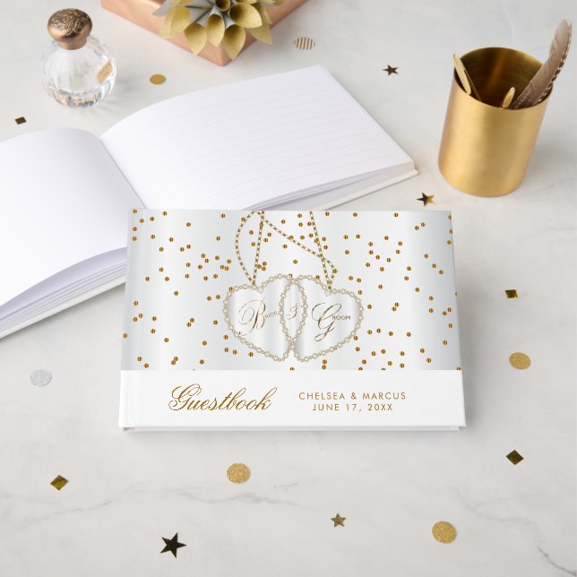 Confetti Gold Dots und Diamond Hearts Gästebuch (Vorderseite Offen)