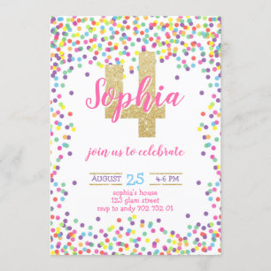 Confetti Gold Glitzer Girl 4. Geburtstag Einladung