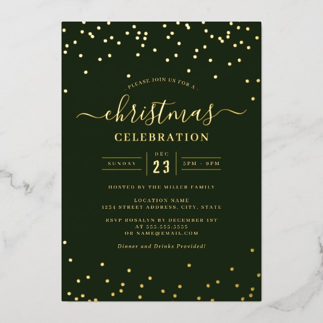 Confetti Gold Green Christmas Party Folieneinladung (Vorderseite)