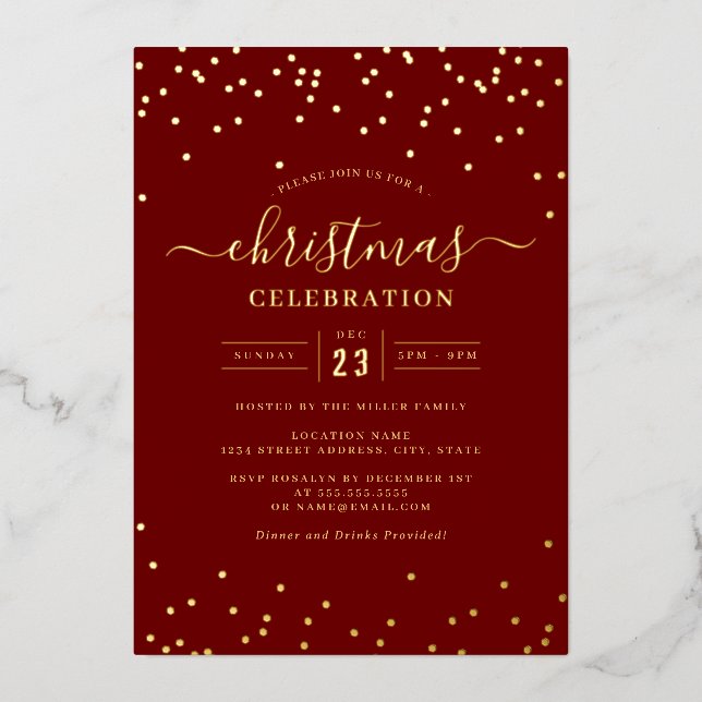Confetti Gold Red Christmas Party Folieneinladung (Vorderseite)