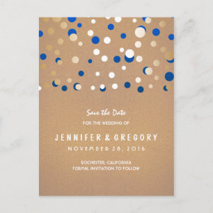 Confetti Gold und Blau Save the Date Ankündigungspostkarte