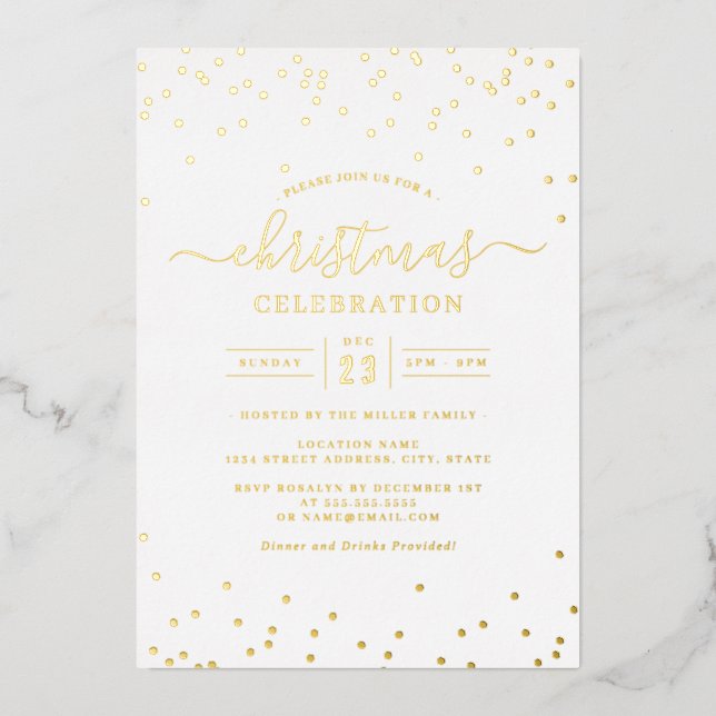 Confetti Gold White Christmas Party Folieneinladung (Vorderseite)