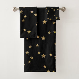 Confetti golden stars Glitzer glänzen elegant schw Badhandtuch Set