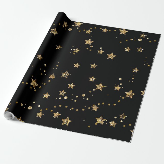 Confetti golden stars Glitzer glänzen elegant schw Geschenkpapier (Ungerollt)