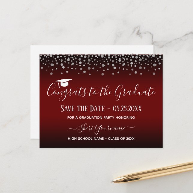 Confetti Graduation Party Save the Date Einladung Postkarte (Vorderseite/Rückseite Beispiel)
