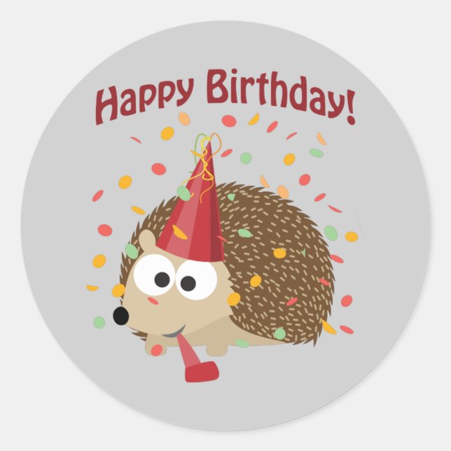 Confetti Happy Birthday Igel Runder Aufkleber (Vorderseite)