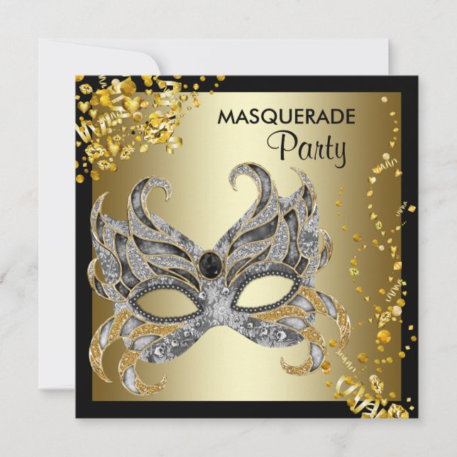 Confetti Mask Black Gold Masquerade Party Einladung (Vorderseite)