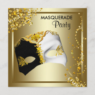 Confetti Mask Black Gold Masquerade Party Einladung