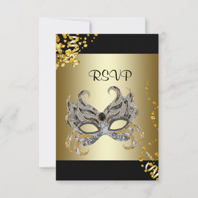 Confetti Mask Black Gold Masquerade Party UAWG RSVP Karte (Vorderseite)