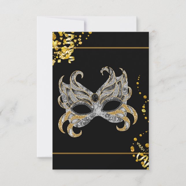 Confetti Mask Black Gold Masquerade Party UAWG RSVP Karte (Vorderseite)