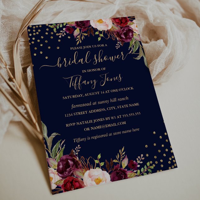 Confetti Navy Burgundy Gold Floral Brautparty Einladung (Von Creator hochgeladen)