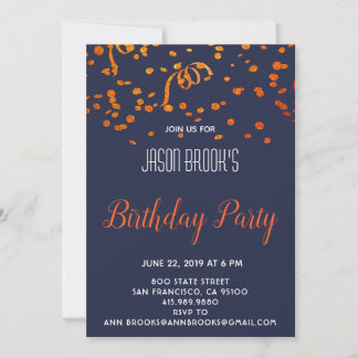 Confetti on Blue Black Birthday Party Einladung