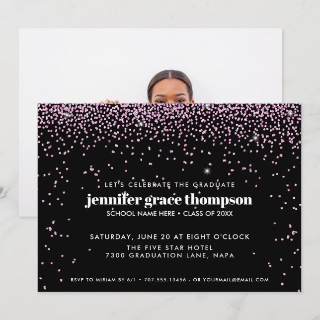 Confetti Pink and BLACK Foto Graduation Party Einladung (Vorne/Hinten)
