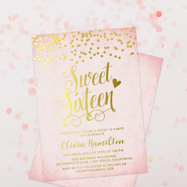 Confetti Pink & Gold Sweet 16 Party Folieneinladung (Von Creator hochgeladen)