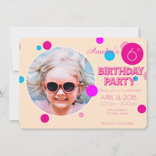 Confetti Pink Peach Girly Fun Foto Birthday Einladung (Vorderseite)