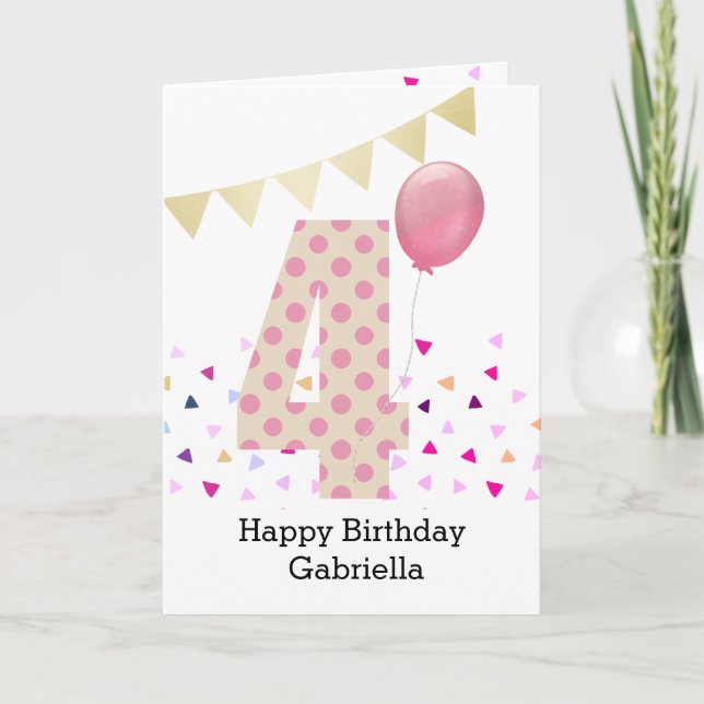 Confetti Pink Polka Dot 4. Geburtstag Karte (Vorderseite)