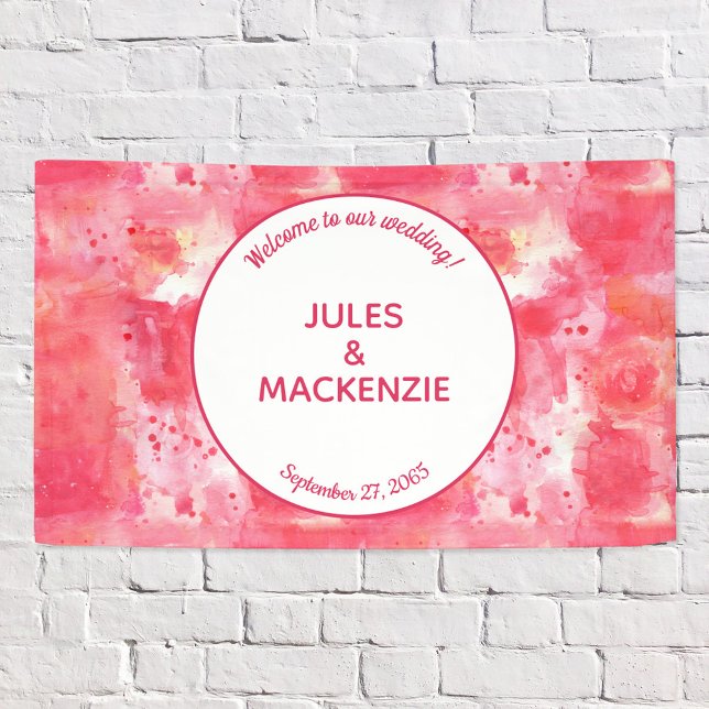 Confetti Pink Wasserfarbe Abstrakt Moderne Banner (Abstract pink watercolor wedding welcom banner with editable text to personalize)