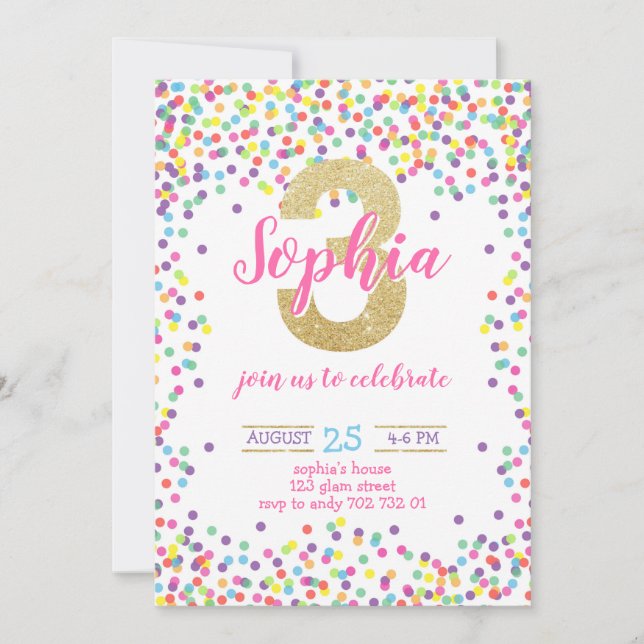 Confetti Rainbow Gold Girl Einladung (Vorderseite)