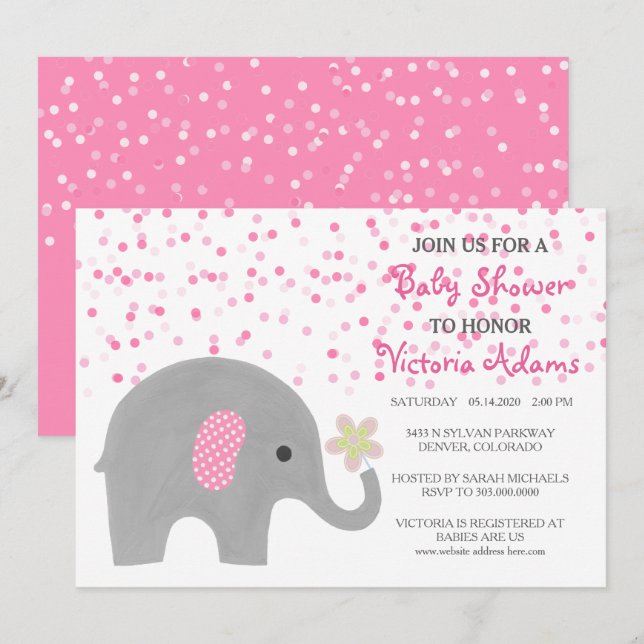 Confetti rose Elephant Baby Girl Douche Invitation (Devant / Derrière)