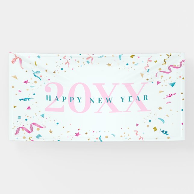Confetti rose et bleu, bannière de la fête du Nouv (Horizontal)