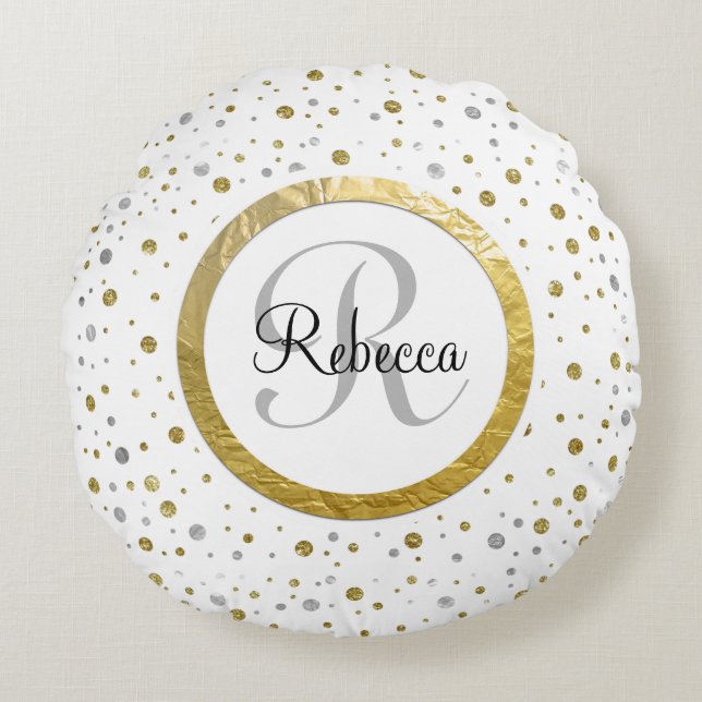 Confetti Silver/Gold Monogram Rundes Kissen (Vorderseite)