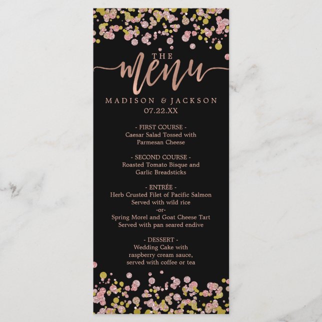 Confetti Sparkle Shine Rose Gold Wedding Menü Menükarte (Vorderseite)