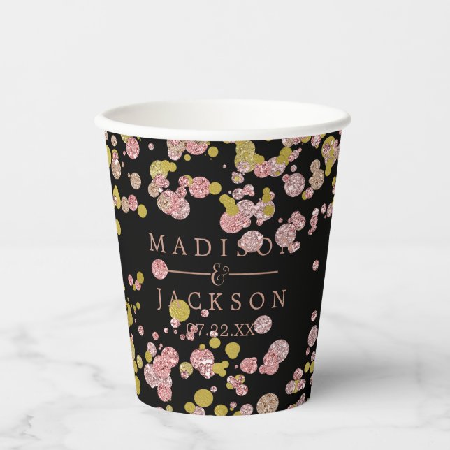 Confetti Sparkle Shine Rose Gold Wedding Monogram Pappbecher (Vorderseite)