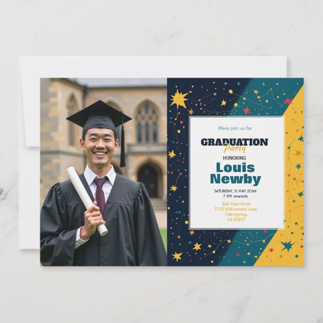 🎓Confetti Starburst Graduation Party Einladung (Vorderseite)