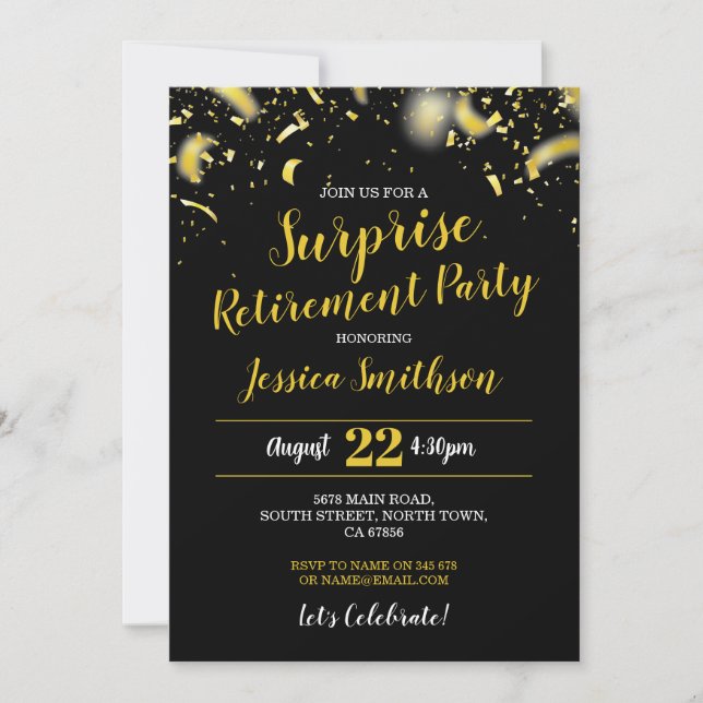 Confetti Surprise Retirement Party Black Gold Einladung (Vorderseite)